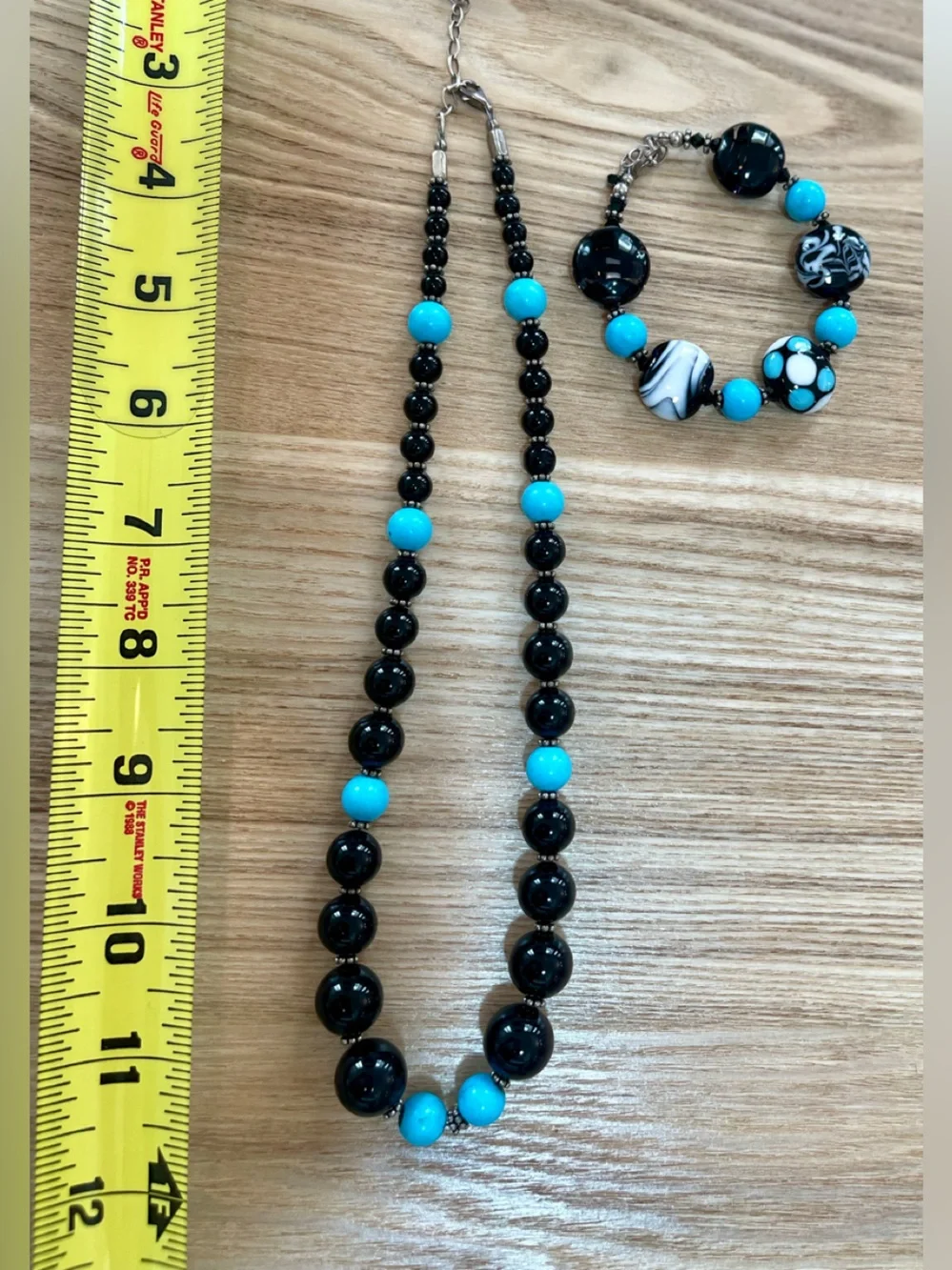 Two Turquoise and Black Beaded Necklaces and Matching Bracelet Set